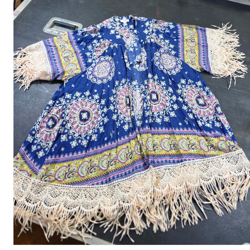 Umgee Blue Medallion Paisley Boho Kimono Crochet Lace Fringe C3171 SM